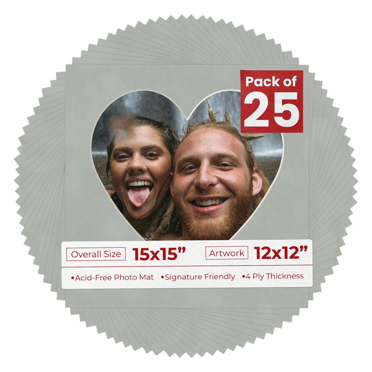 Light Grey Suede Mat Board for 15x15 Frames - Heart Opening for 12x12 Photos